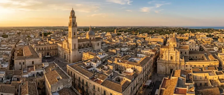 Aerial view of Lecce baroque historic centre at golden hour — best places to buy property in Salento, Puglia