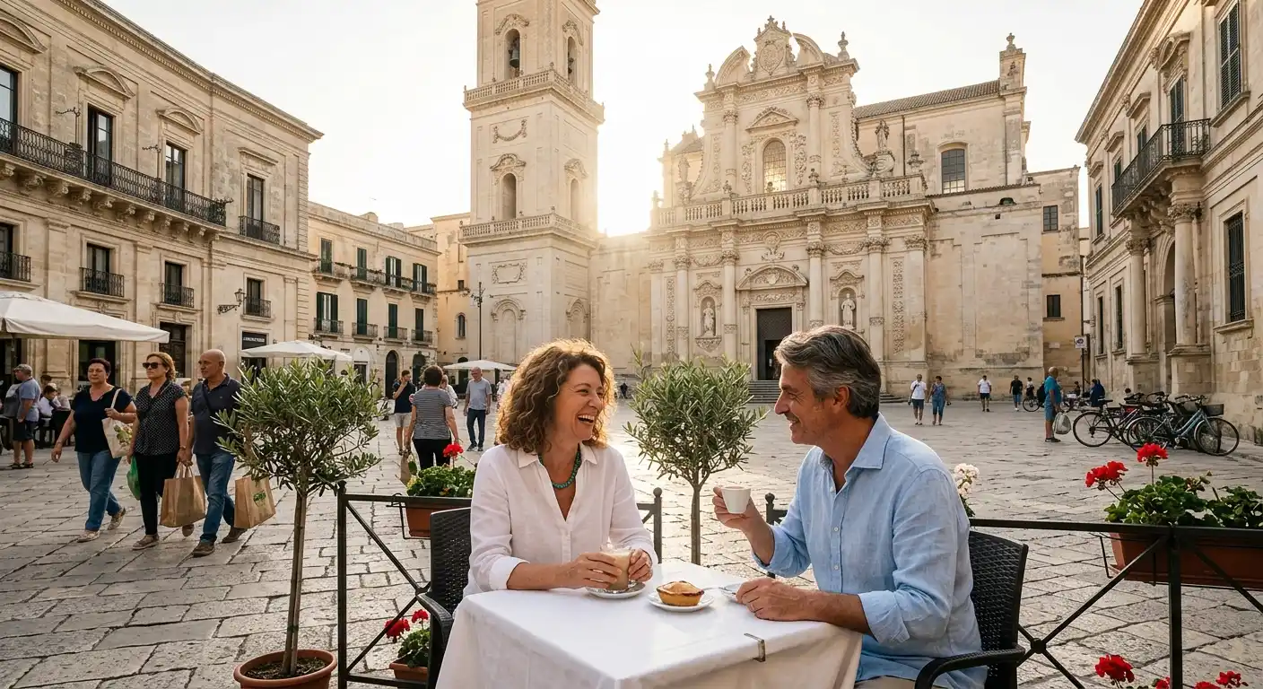 Expat couple enjoying morning coffee at an outdoor café in Lecce, Salento — expat life in southern Italy