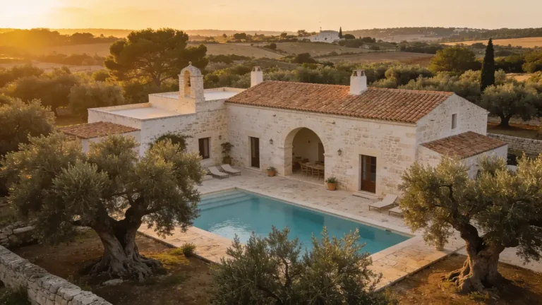 Masseria for sale in Salento Puglia — historic farmhouse complex surrounded by ancient olive groves