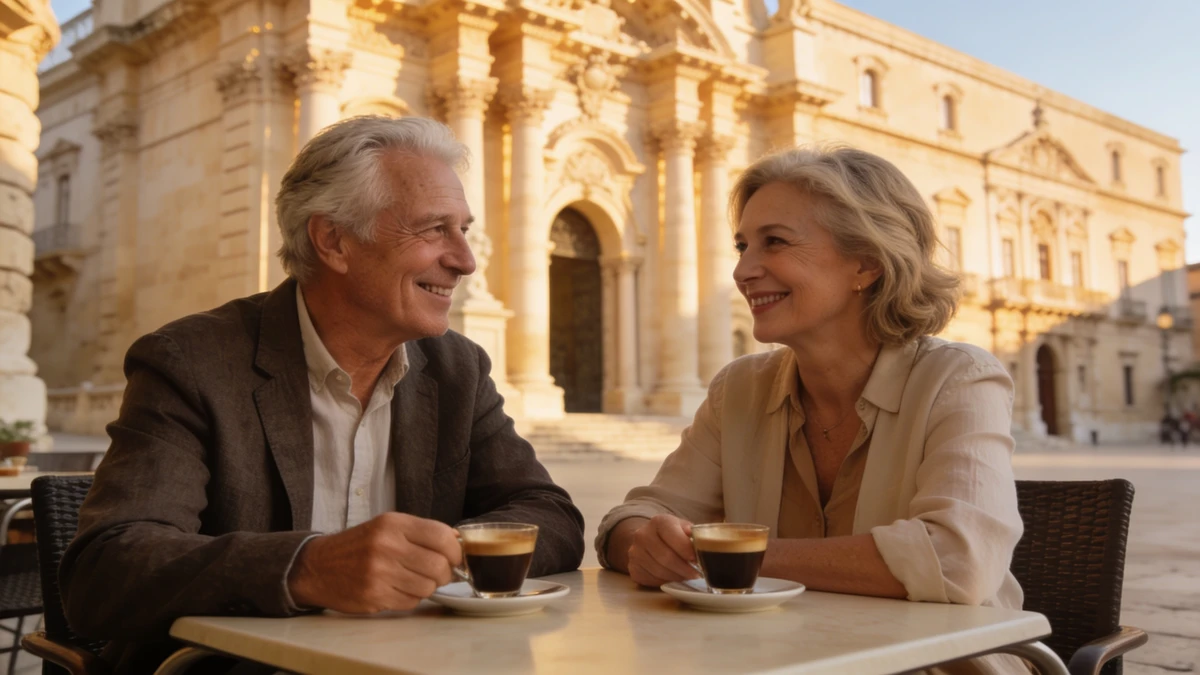 Retire in Puglia Italy — couple enjoying life on a terrace overlooking the Salento landscape