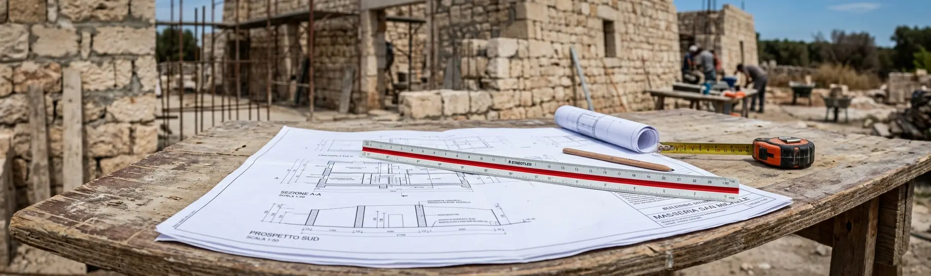 Architectural blueprints on a construction site table
