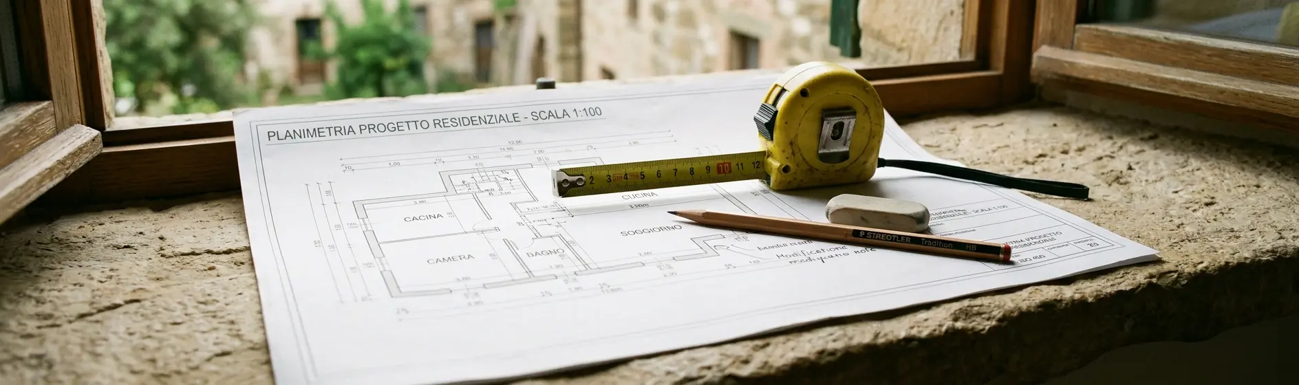 Architectural floor plan with measuring tape