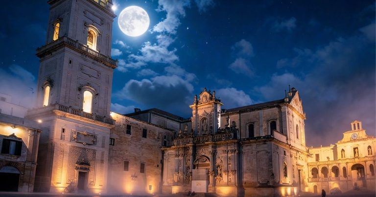Baroque cathedral square in Lecce's historic centre at night, with limestone facades and the bell tower lit under a full moon