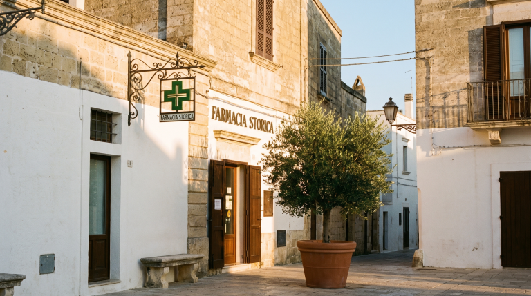 A village square in Salento in late afternoon light, with the green cross sign of a pharmacy on a whitewashed stone facade