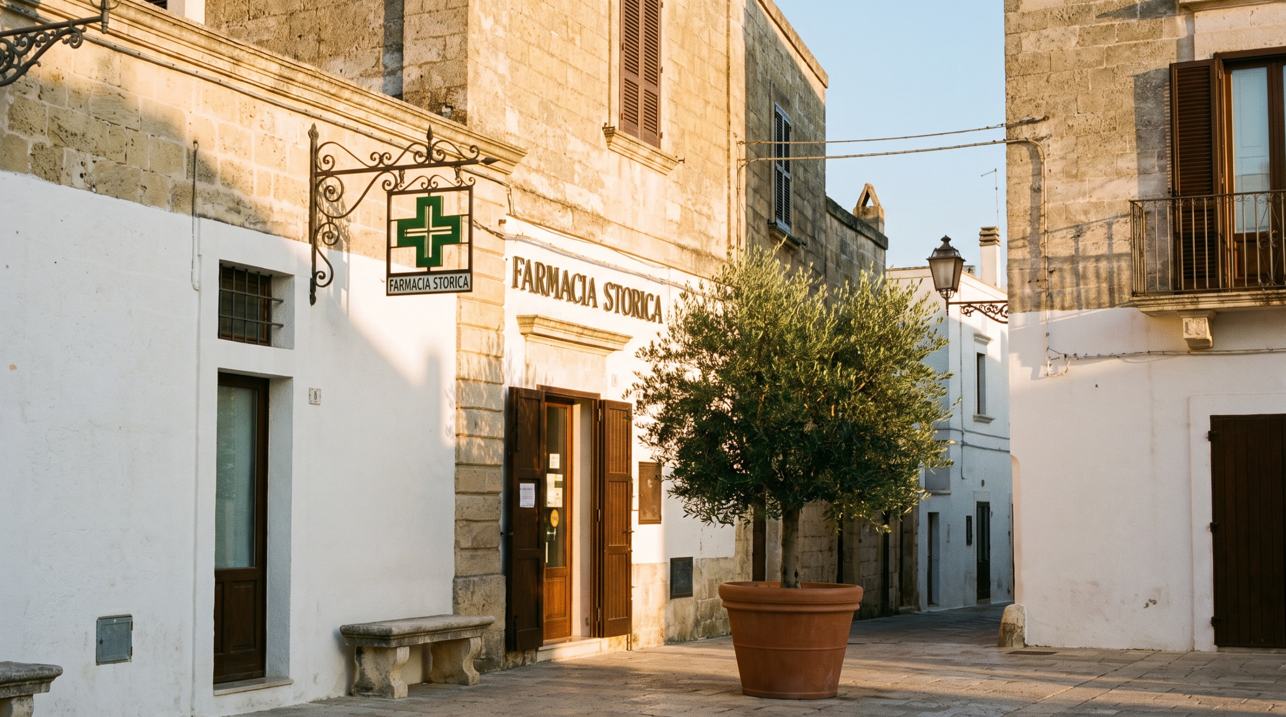 A village square in Salento in late afternoon light, with the green cross sign of a pharmacy on a whitewashed stone facade
