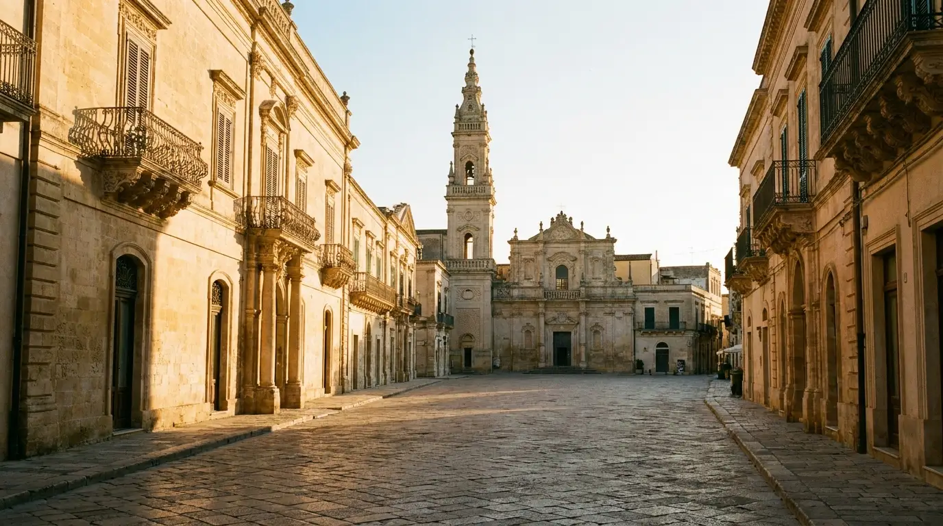 Empty baroque square in a Salento old town at golden hour, honey-coloured limestone facades, carved stone balconies and a bell tower