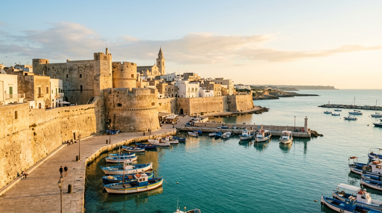 The old town and Aragonese Castle of Otranto at golden hour, overlooking the harbour on the Adriatic coast of Salento, Puglia