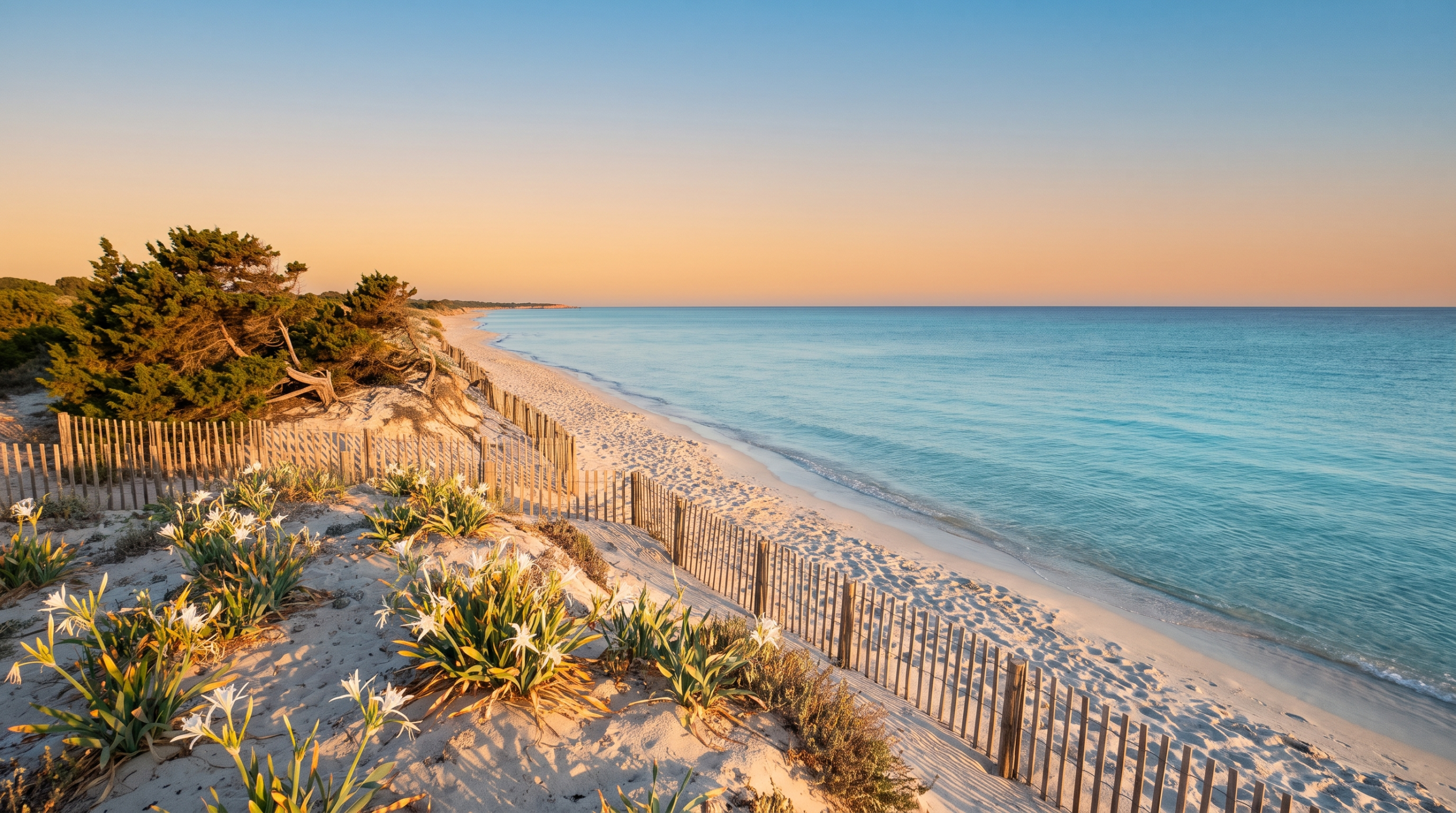 White sand beach with shallow turquoise water and protected coastal dunes near Torre Lapillo and Punta Prosciutto, Porto Cesareo, Salento